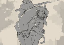  1girl animal_ears belt boned_meat bra cat_ears cat_tail fang fat_man fingerless_gloves flat_chest food gloves happy izuru_(timbermetal) lowleg lowleg_panties maid_headdress meat monochrome mound_of_venus original over_shoulder panties pouch short_hair sketch tail thigh-highs underwear weapon weapon_over_shoulder 