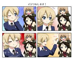  3girls :p :t blonde_hair blue_eyes braid brown_hair closed_eyes cookie darjeeling dress_shirt drooling eating fang food girls_und_panzer highres holding jacket katyusha koumou_usagi long_hair military military_uniform multiple_girls necktie nonna open_mouth piggyback school_uniform shirt short_hair smile sparkle sweater tongue uniform white_shirt 