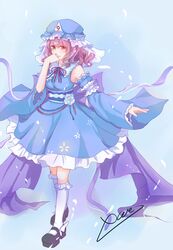  1girl adapted_costume breasts detached_sleeves dress flower hat highres japanese_clothes meinly obi pink_eyes pink_hair saigyouji_yuyuko shoes short_hair smile socks solo touhou triangular_headpiece 