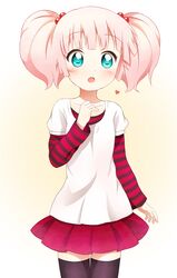  1girl black_legwear blush hair_bobbles hair_ornament heart highres mushuu open_mouth pink_hair short_hair skirt solo twintails white_background yoshikawa_chinatsu yuru_yuri 