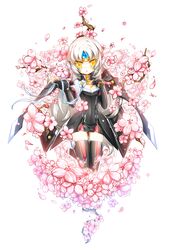  1girl absurdres armor cherry_blossoms elsword eve_(elsword) expressionless flower forehead_jewel gloves highres long_hair mecha_musume poseich skirt solo thigh-highs white_hair yellow_eyes 