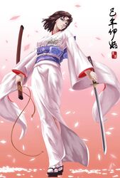  1girl absurdres brown_hair feitie geta highres japanese_clothes kara_no_kyoukai kimono multicolored_eyes ryougi_shiki sandals solo sword type-moon weapon 