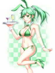  1girl animal_ears bikini bowtie breasts cleavage detached_collar goblet green_eyes green_hair long_hair pataryouto ponytail rabbit_ears swimsuit tray wrist_cuffs wynnda_miko_of_the_gusta yuu-gi-ou yuu-gi-ou_duel_monsters 