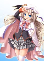 1girl blonde_hair blue_eyes cape hat highres little_busters! long_hair mizunoe_kotaru noumi_kudryavka plaid plaid_skirt school_uniform skirt thighhighs
