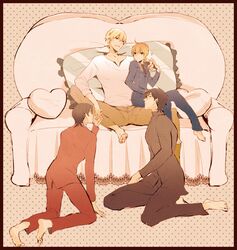  1girl 3boys ahoge barefoot bed blonde_hair brown_hair fate/zero fate_(series) formal gilgamesh kirie1030 kotomine_kirei multiple_boys pant_suit reverse_trap saber suit toosaka_tokiomi 