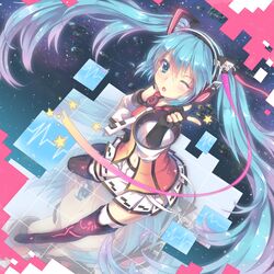  1girl absurdres aqua_eyes aqua_hair boots detached_sleeves fingerless_gloves gloves hand_on_hip hatsune_miku headset highres long_hair navel necktie north_abyssor open_mouth skirt solo space_craft star thigh-highs thigh_boots twintails very_long_hair vocaloid wink zoom_layer 