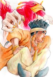  2boys beak black_hair dark_skin fire jewelry jojo_no_kimyou_na_bouken magician's_red mohammed_avdol multiple_boys mushiyoshi_(cyugi6444) nail_polish necklace stand_(jojo) 