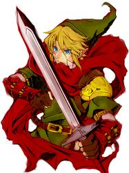  bashikou belt blonde_hair blue_eyes cape earrings gloves hat highres jewelry link nintendo pointy_ears skyward_sword sword the_legend_of_zelda weapon 