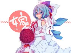 1girl alternate_costume bare_shoulders blue_eyes blue_hair blush bouquet bow cirno dress earrings flower hair_bow highres jewelry ribbon short_hair solo toriiraku touhou veil wedding_dress 
