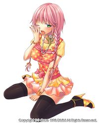  1girl bracelet braid breasts dress flower green_eyes ichimatsu_nana jewelry large_breasts long_hair necklace original pink_hair sitting solo twin_braids twintails wariza yawning 