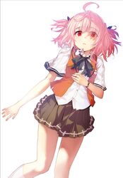  ahoge bow bracelet hair_ribbon jewelry kneehighs original payot pink_hair red_eyes ribbon school_uniform shirabi_(life-is-free) skirt two_side_up vest 