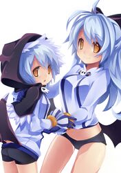  2girls bat_wings bike_shorts blue_hair bow fang gloves hair_bow highres hood kaka_cheung multiple_girls open_mouth original skull smile wings yellow_eyes 