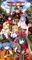  6+girls blonde_hair fan green_hair hair_ornament hakurei_reimu highres hina_ningyou hinamatsuri hoshiguma_yuugi japanese_clothes kagiyama_hina kawashiro_nitori kimono long_hair looking_at_viewer lunasa_prismriver lyrica_prismriver merlin_prismriver multiple_girls princess short_hair sitting smile torii touhou tree tsurukou_(tksymkw) 