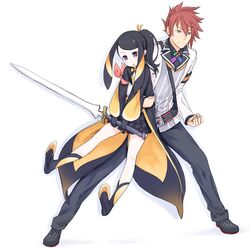  abe_kanari animal_ears bandana belt black_hair boots carrying force_(summon_night_5) hair_ribbon highres pants perie pink_eyes ponytail redhead ribbon skirt summon_night_5 sword violet_eyes weapon 