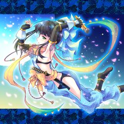  1girl aoiya_soujirou armpits black_hair bow fingerless_gloves flower gloves green_eyes hamaguchi_ayame highres idolmaster idolmaster_cinderella_girls long_hair microphone ninja open_mouth ponytail scarf solo weapon 
