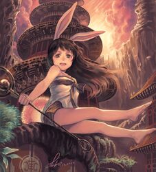  1girl animal_ears barefoot brown_eyes brown_hair legs long_hair rabbit_ears scepter sitting sky smile solo tail verin 
