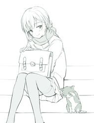  bag blush cat coat long_hair mole monochrome original pantyhose satchel scarf sitting skirt smile takeuchi_aya 
