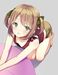  1girl barefoot blue_eyes blush brown_hair hair_ribbon legs long_hair ribbon shorts solo takeuchi_aya twintails 