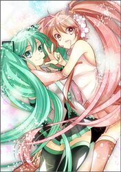  2girls detached_sleeves dual_persona flower green_eyes green_hair hair_flower hair_ornament hatsune_miku headset kanasuke long_hair multiple_girls necktie open_mouth pink_eyes pink_hair sakura_miku skirt smile thigh-highs twintails v very_long_hair vocaloid 