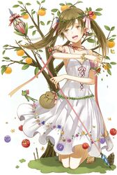  1girl brown_hair dress flower food fruit long_hair open_mouth orange original sandals solo staff tree twintails yellow_eyes 