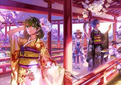  3girls alternate_costume arm_up bare_arms blonde_hair bouquet dress floral_print flower frog_hair_ornament green_eyes green_hair hair_ornament hair_up hand_behind_head hat japanese_clothes kellked kimono kochiya_sanae long_sleeves moriya_suwako multiple_girls obi purple_hair sash shimenawa shoulderless_dress shrine snake_hair_ornament touhou white_dress wide_sleeves yasaka_kanako 