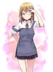  adjusting_hair apron blush brown_eyes brown_hair hair_ornament hairclip original ribbon school_uniform skirt strap_slip takeuchi_aya wink 