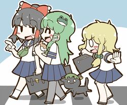  3girls adomi black_hair blonde_hair bow braid cat chen chen_(cat) frog_hair_ornament green_hair hair_bow hair_ornament hair_ribbon hair_tubes hakurei_reimu kirisame_marisa kochiya_sanae multiple_girls pantyhose pleated_skirt ribbon school_uniform serafuku skirt snake_hair_ornament touhou 