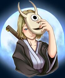  1girl blonde_hair blue_eyes highres hiiragi_(natsume) japanese_clothes lips mask moon natsume_yuujinchou peeking solo 