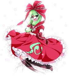  1girl boots bow frills front_ponytail green_eyes green_hair hair_bow hair_ribbon kagiyama_hina knbilove open_mouth ribbon simple_background skirt skirt_lift smile solo touhou wrist_ribbon 