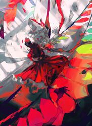  1girl :d blonde_hair drill_hair flandre_scarlet glowing glowing_eyes hair_over_one_eye hat highres long_hair minase_(mmakina) open_mouth outstretched_arm red_eyes side_ponytail skirt skirt_set smile solo touhou wings 