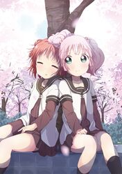  2girls akaza_akari aqua_eyes black_legwear closed_eyes hair_bobbles hair_bun hair_ornament multiple_girls pink_hair redhead school_uniform serafuku sitting sleeping smile socks tata_(tataice) tree twintails yoshikawa_chinatsu yuru_yuri 