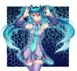  1girl arms_up detached_sleeves hatsune_miku highres long_hair necktie shame_(sketch_shot) skirt solo thigh-highs thigh_gap twintails very_long_hair vocaloid 