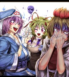  3girls blonde_hair bowl ghost hairband hat hitodama japanese_clothes medicine_melancholy multiple_girls pink_eyes pink_hair ryuuichi_(f_dragon) saigyouji_yuyuko short_hair skull sweat toramaru_shou touhou triangular_headpiece wink yellow_eyes 
