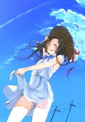  1girl black_hair blue_eyes clouds dress hat long_hair open_mouth original sky smile solo takeuchi_aya wink 
