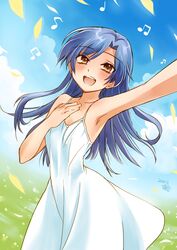  1girl armpits blue_hair blush clouds collarbone highres idolmaster kisaragi_chihaya liymm long_hair open_mouth sky sleeveless solo yellow_eyes 