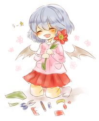  1girl alternate_costume bat_wings blue_hair child closed_eyes fang flower kneeling maru_usagi open_mouth pen remilia_scarlet scissors shirt skirt smile solo touhou uu~ wings young 