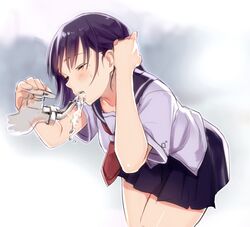  adjusting_hair blush closed_eyes drinking faucet leaning_forward mole original purple_hair school_uniform serafuku skirt takeuchi_aya water 