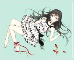  1girl barefoot black_eyes black_hair dress fingerless_gloves fish gloves legs long_hair ribbon solo takeuchi_aya 