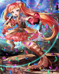  1girl blue_eyes box earrings flower hair_ornament jewelry long_hair open_mouth orange_hair original ribbon singing skirt solo twintails yana_(nekoarashi) 