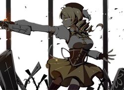  1girl beret blonde_hair breasts detached_sleeves drill_hair field_of_blades fingerless_gloves gloves gun hair_ornament hat magical_girl magical_musket mahou_shoujo_madoka_magica pleated_skirt skirt smile solo tanemaki_shirura thigh-highs tomoe_mami vertical-striped_legwear vertical_stripes weapon yellow_eyes 