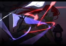  2girls braid dual_wielding glowing glowing_eyes hair_ribbon hairband hat hat_removed headwear_removed hong_meiling katana konpaku_youmu konpaku_youmu_(ghost) multiple_girls niwatazumi redhead ribbon short_hair silver_hair sketch sword touhou twin_braids weapon 
