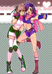  2girls ascot bikini_top blue_eyes blue_hair boots breasts caesar_anthonio_zeppeli cleavage female fingerless_gloves genderswap gloves green_eyes hair_ribbon headband high_heels jojo_no_kimyou_na_bouken joseph_joestar_(young) knee_boots knee_pads long_hair midriff multiple_girls ribbon shoes thigh-highs torihuhu white_legwear 
