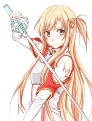  1girl asuna_(sao) brown_eyes brown_hair detached_sleeves long_hair misuzu_(iridescence) sword sword_art_online weapon 