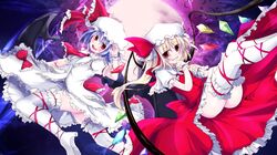  2girls ascot bat bat_wings blonde_hair blue_hair blush crystal flandre_scarlet full_moon hat moon multiple_girls night open_mouth red_eyes remilia_scarlet short_hair siblings side_ponytail sisters skirt smile soulhunter_en thigh-highs touhou white_legwear wings 