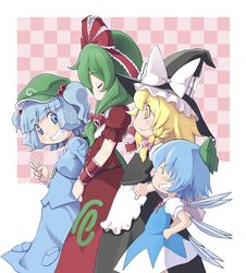  4girls arm_ribbon blonde_hair blue_eyes blue_hair bow braid cirno clenched_teeth closed_eyes dress front_ponytail green_hair hair_bobbles hair_bow hair_ornament hair_ribbon hands_on_hips hat hat_ribbon kagiyama_hina kawashiro_nitori key kirisame_marisa long_hair long_sleeves momoego multiple_girls open_mouth ribbon shirt short_dress short_sleeves single_braid skirt smile teeth touhou twintails v v_arms wings yellow_eyes 