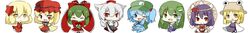  6+girls aki_minoriko aki_shizuha blonde_hair blue_eyes blue_hair bow closed_eyes green_eyes green_hair hagiyama_hina hat inubashiri_momiji katorinuko kawashiro_nitori kochiya_sanae leaf long_hair long_image moriya_suwako multiple_girls purple_hair pyonta red_eyes ribbon short_hair silver_hair smile touhou wide_image wink yasaka_kanako yellow_eyes 