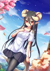  1girl black_hair collarbone dream_demon dutch_angle horns long_hair original pantyhose pointy_ears red_eyes skirt solo tail 