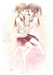  2girls blonde_hair blush brown brown_eyes hug momono multiple_girls original ponytail school_uniform serafuku sitting sitting_on_lap sitting_on_person skirt socks yuri 