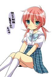  1boy androgynous blush crossdressing frown inazuma_eleven_(series) inazuma_eleven_go kirino_ranmaru male pink_hair school_uniform shiho_(acoram) simple_background sitting skirt solo translation_request trap twintails white_background 