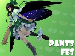  1girl arm_cannon black_hair bow cape hair_bow highres long_hair mismatched_footwear momoiro_manjiryuu panties red_eyes reiuji_utsuho skirt solo third_eye touhou underwear weapon wings 